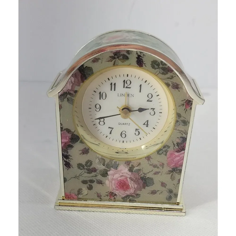 Vintage LINDEN Quartz Small Mantel Clock- Gold And Flowers Tested